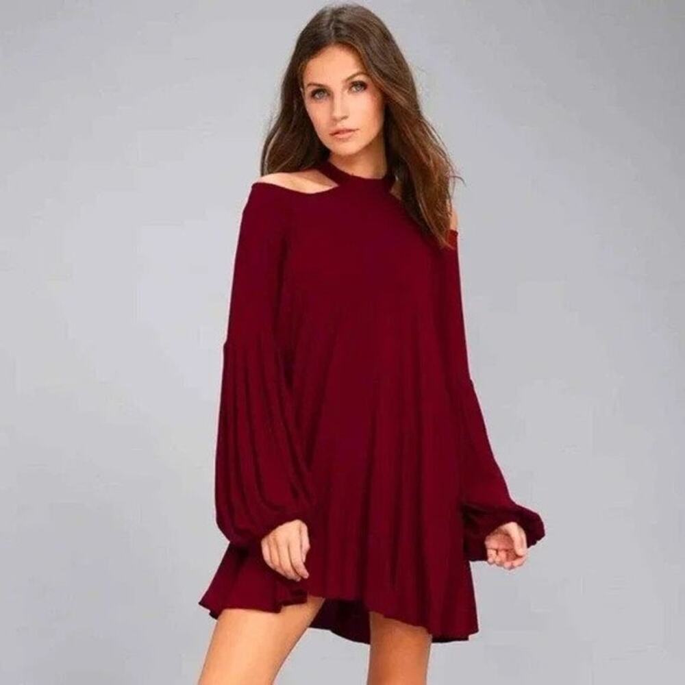 Free People Drift Away Tunic Mini Dress Wine Cold Shoulder Sz S NEW
